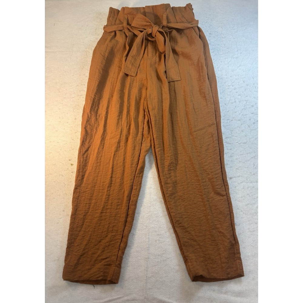 A New Day Tapered High Rise Paper Bag Waist Pants M Burnt Orange Tie Front Fall